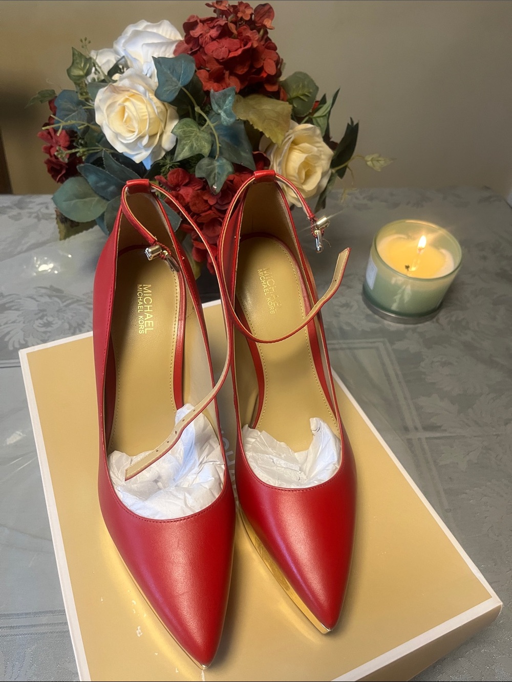 Michael Kors Women's Red Pointed-Toe Mary Jane Heels with Gold Platform(new) - Picture 3 of 8
